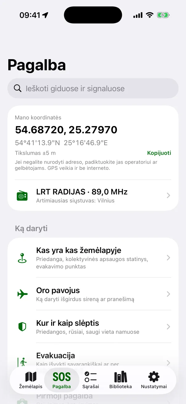 Pagalbos skiltis: koordinatės, LRT RADIJO dažnis, gidai